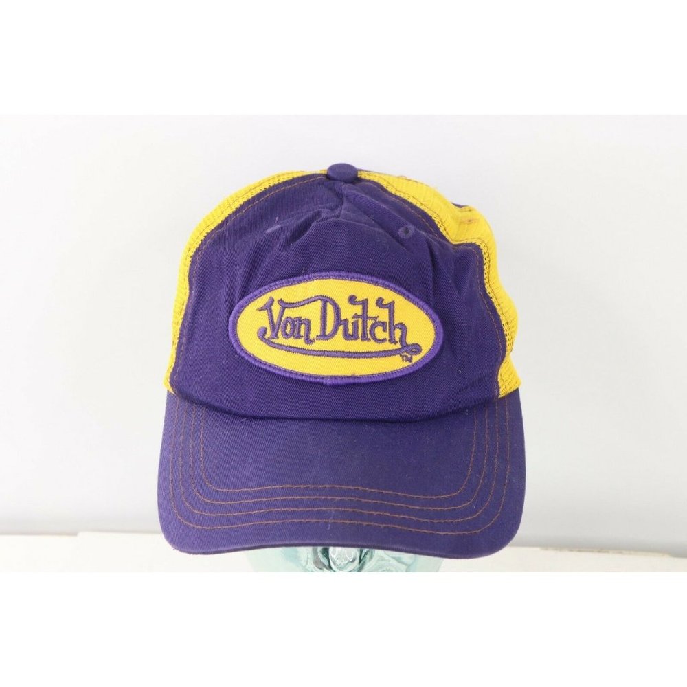Vintage Von Dutch Distressed Spell Out Patch Trucker Hat Snapback Purple Gold